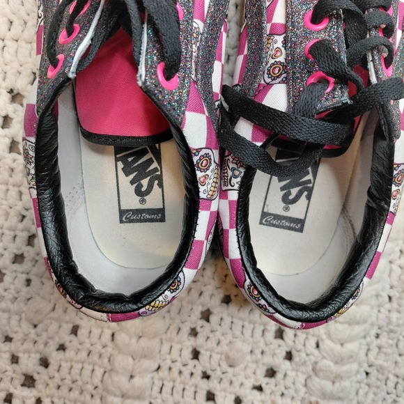 Glitter Old Skool Vans Pink Black Womens 9.5 Mens 8 Skull Check School Punk Rock - Picture 10 of 11